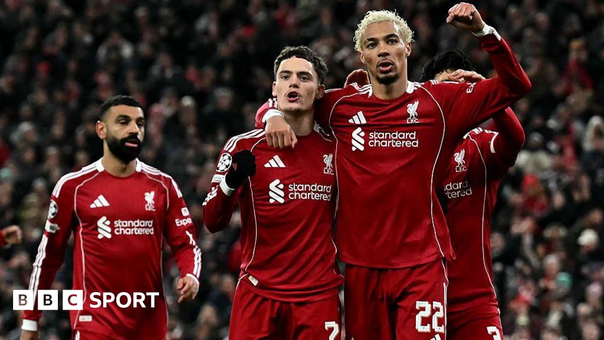 Liverpool midfielder Florian Wirtz celebrates scoring a  goal with Hugo Ekitike