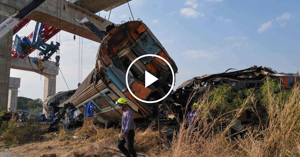 Construction Crane Falls on Train in Thailand