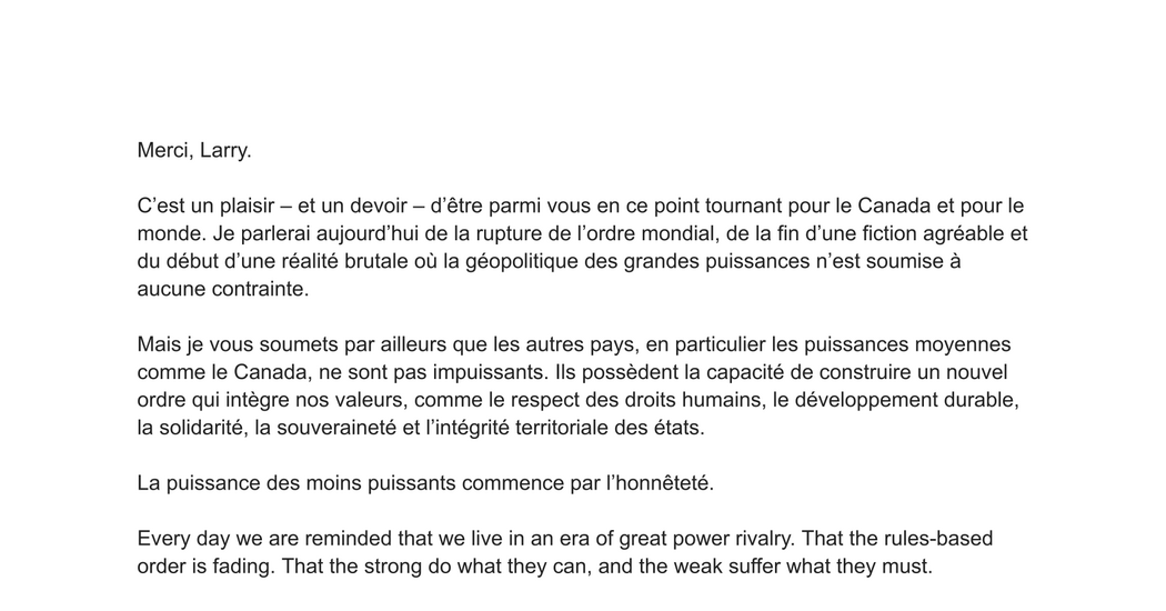 TRANSCRIPT: Prime Minister Mark Carney of Canada Rebukes U.S. Primacy at Davos